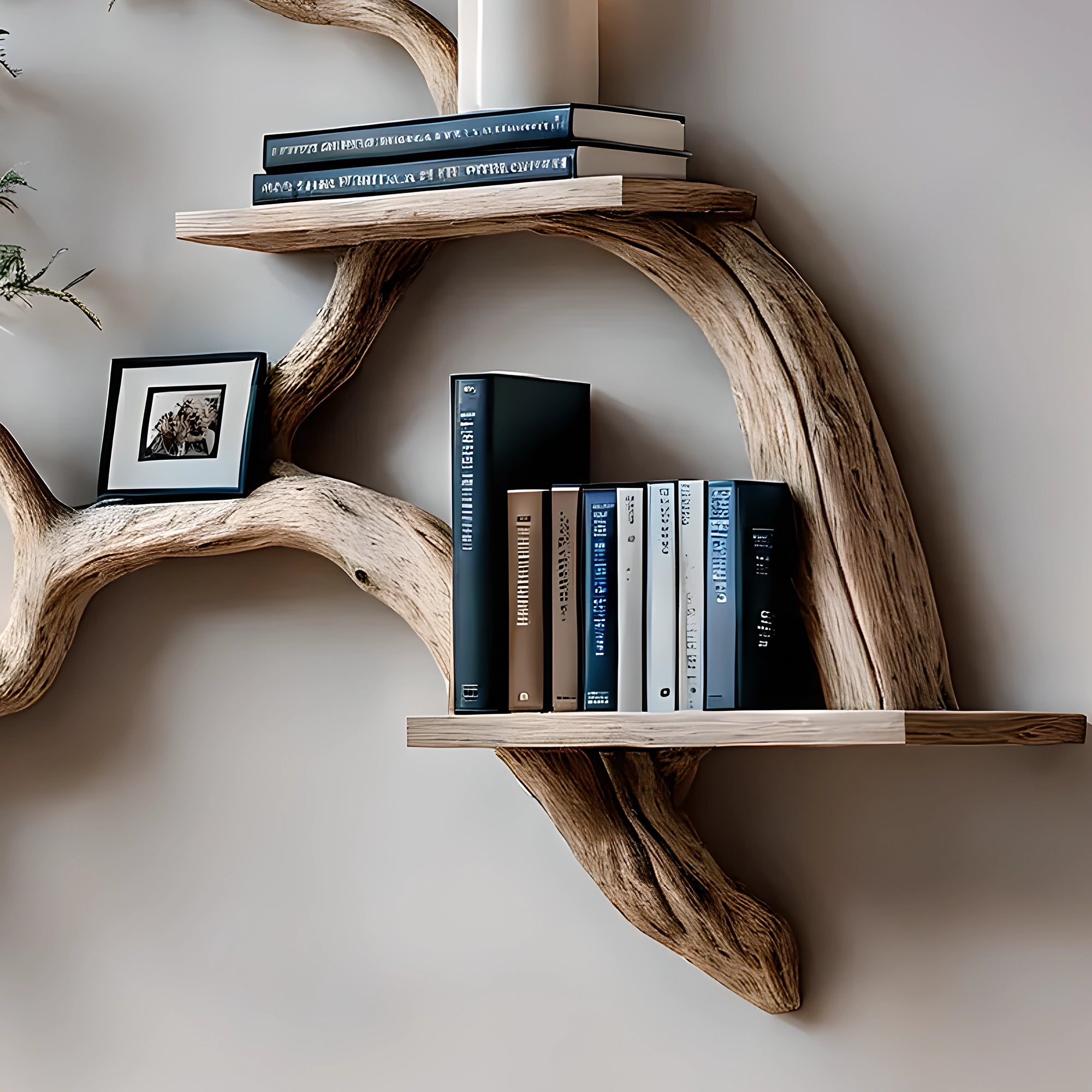 tile-Bookshelf decorated with tree branches Solid wooden bookshelf for decoration 