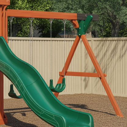 Wooden Playhouse with Double Slide & Swings | 22x12x9 ft Kids Outdoor Playground for Backyard Fun