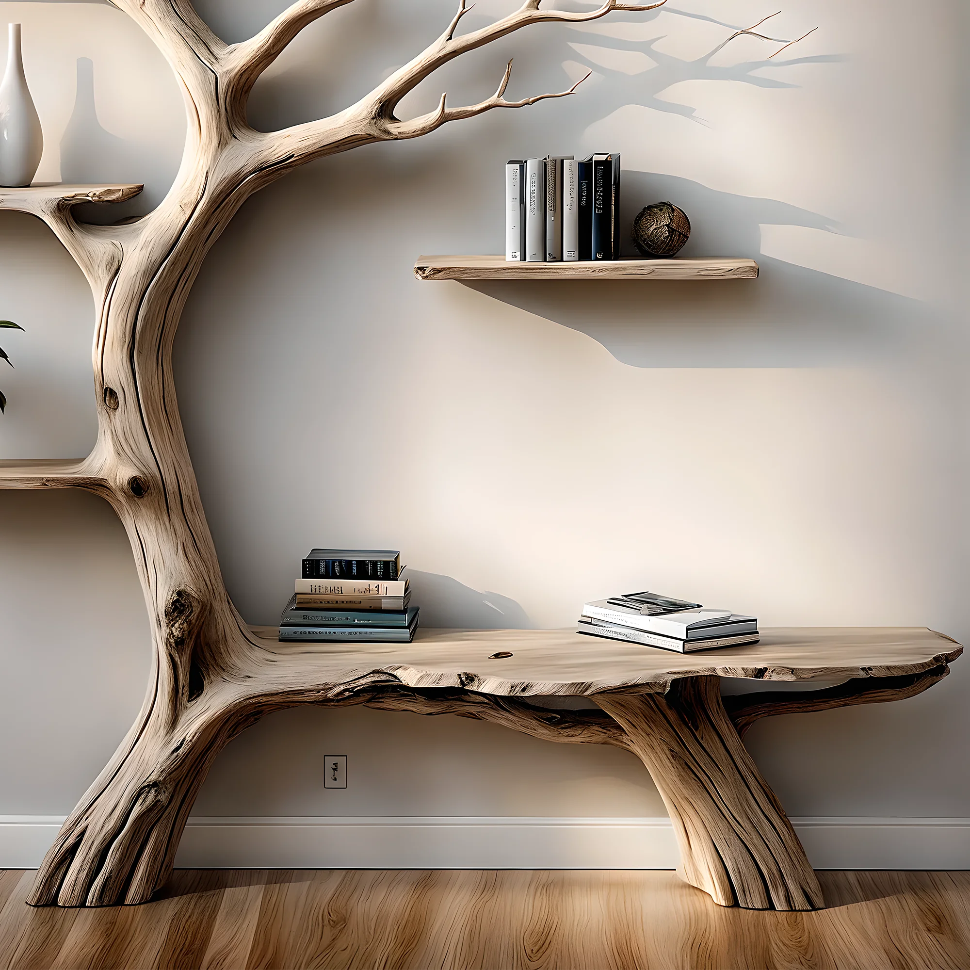 Wooden branch bookshelf, Handmade from natural pine wood, Floating shelf, Children's room decoration 