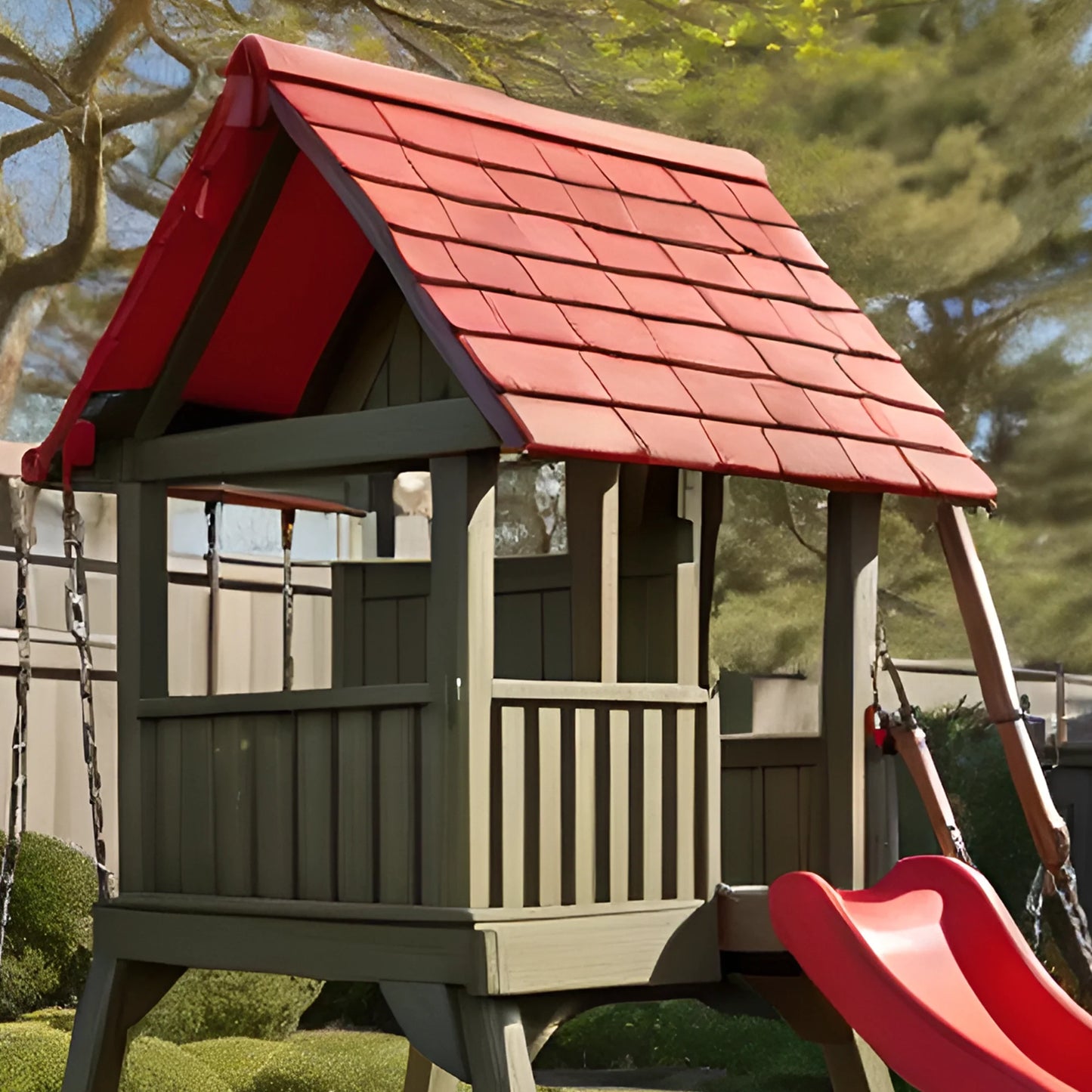Backyard Wooden Playhouse Swing Set – Double Swings, Slide & Play Area for Kids