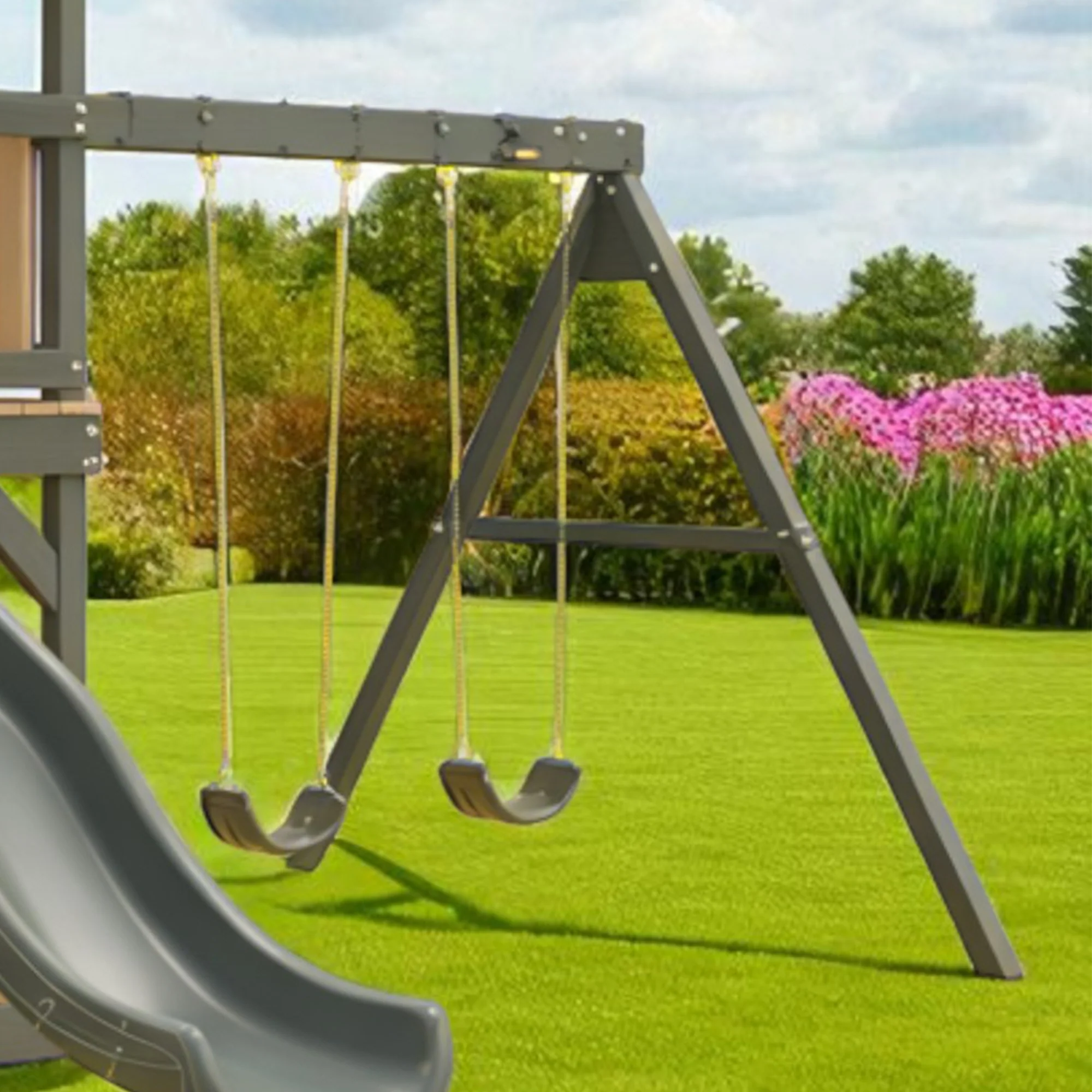 Wooden Playhouse with Slide & Swings | 22x12x9 ft Kids Outdoor Playground for Backyard Fun