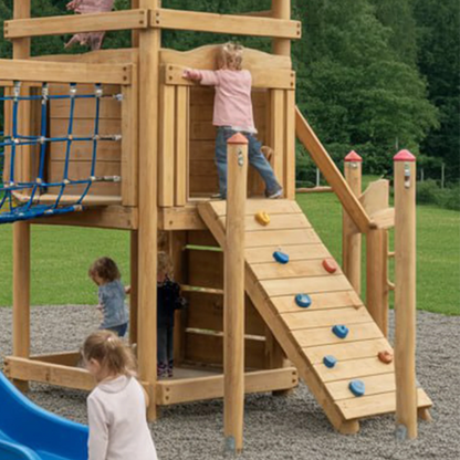 Kids Outdoor Wooden Swingset with Slide, Swings & Adventure Tower