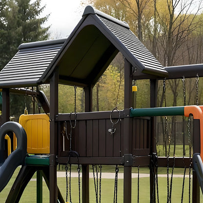 All-in-One Wooden Playset with Playhouse, Double Slides & Swings for Kids