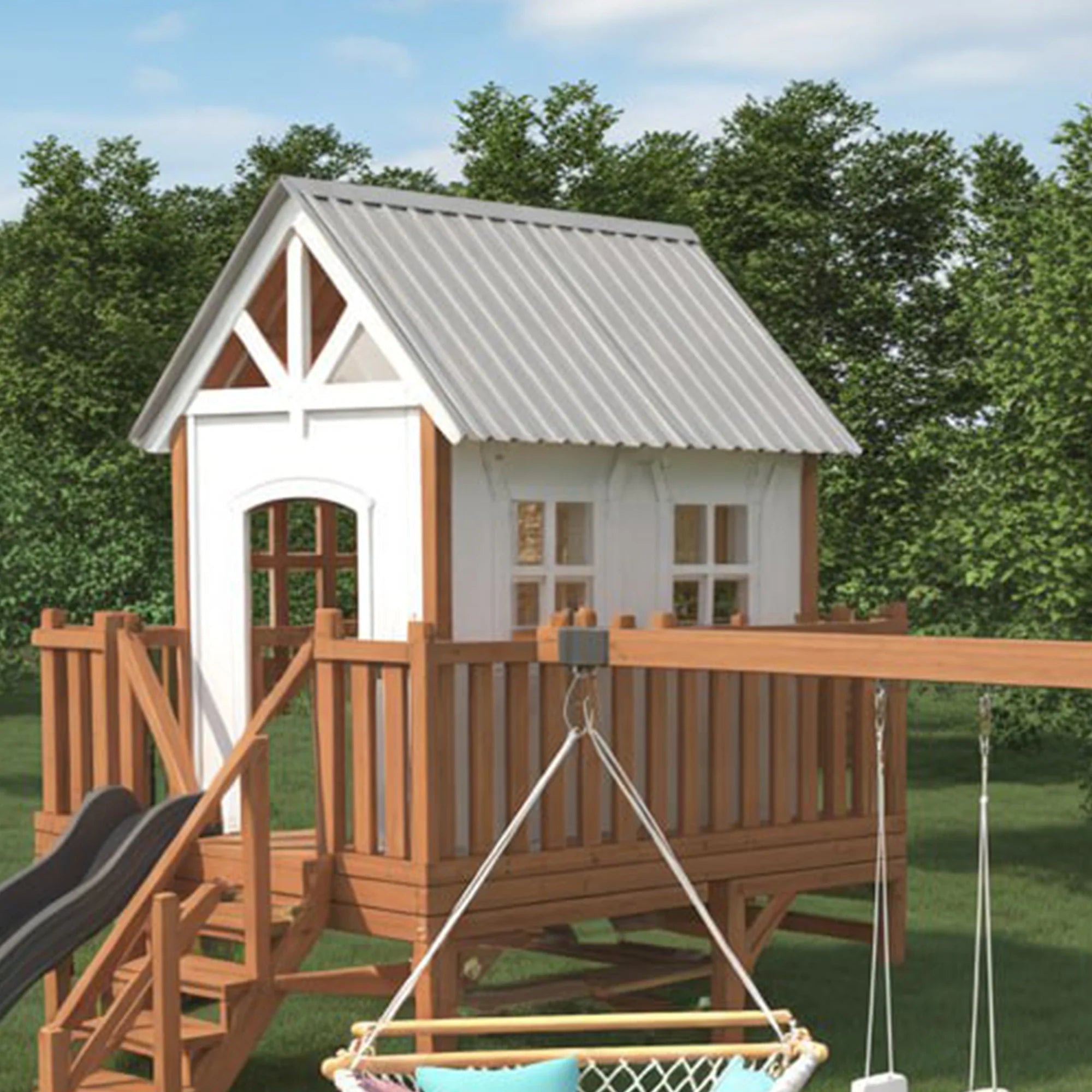 Deluxe Wooden Playhouse with Dual Slides, Swings & Hammock – Outdoor Backyard Adventure Set (22ft x 12ft x 9ft)