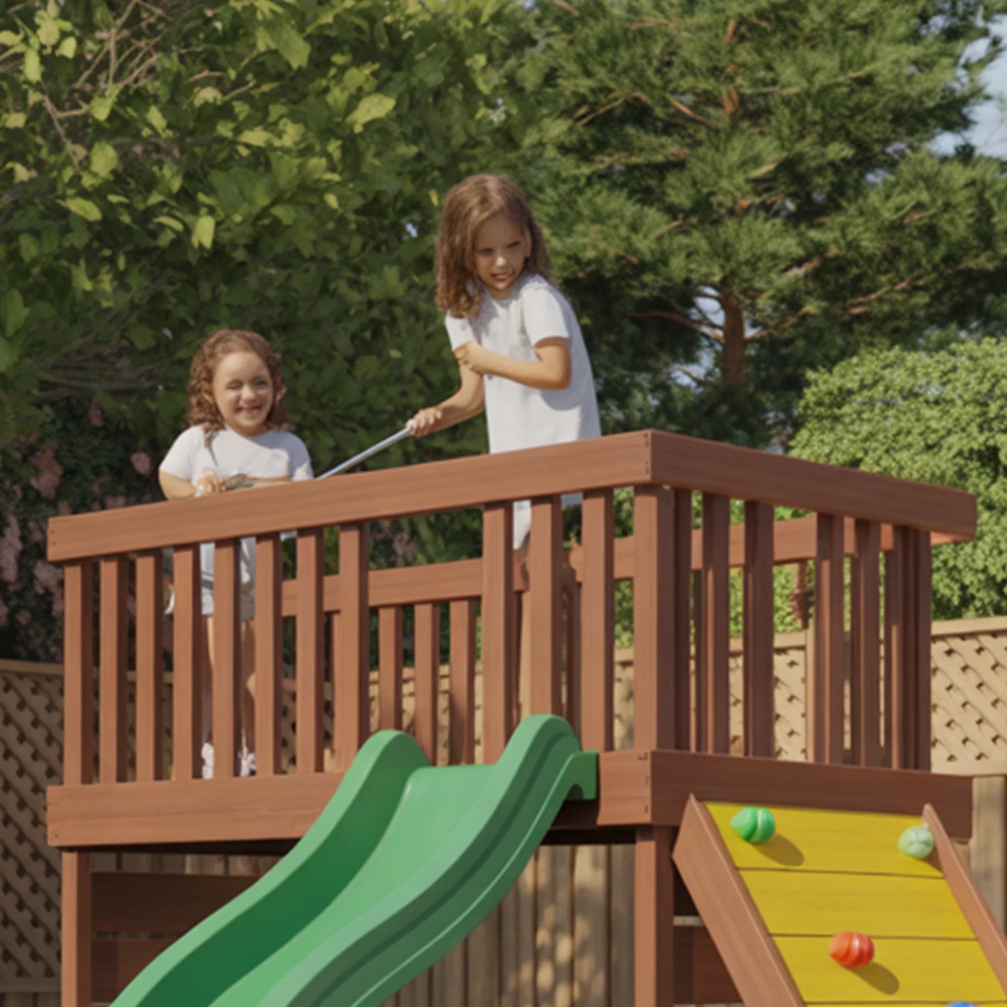 Backyard Wooden Playset with Double Slide & Rock Climbing Wall – Compact Outdoor Adventure Tower