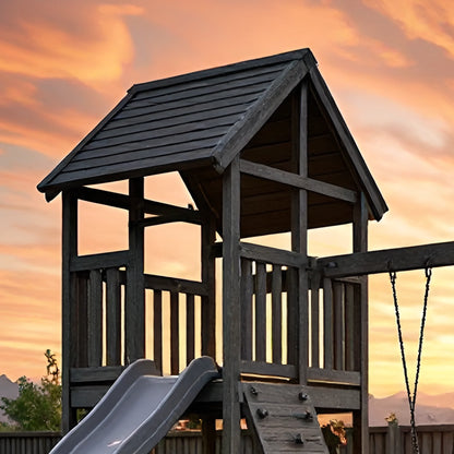 Backyard Wooden Playhouse with Swings, Slide & Climbing Ladder – Safe Kids Playground