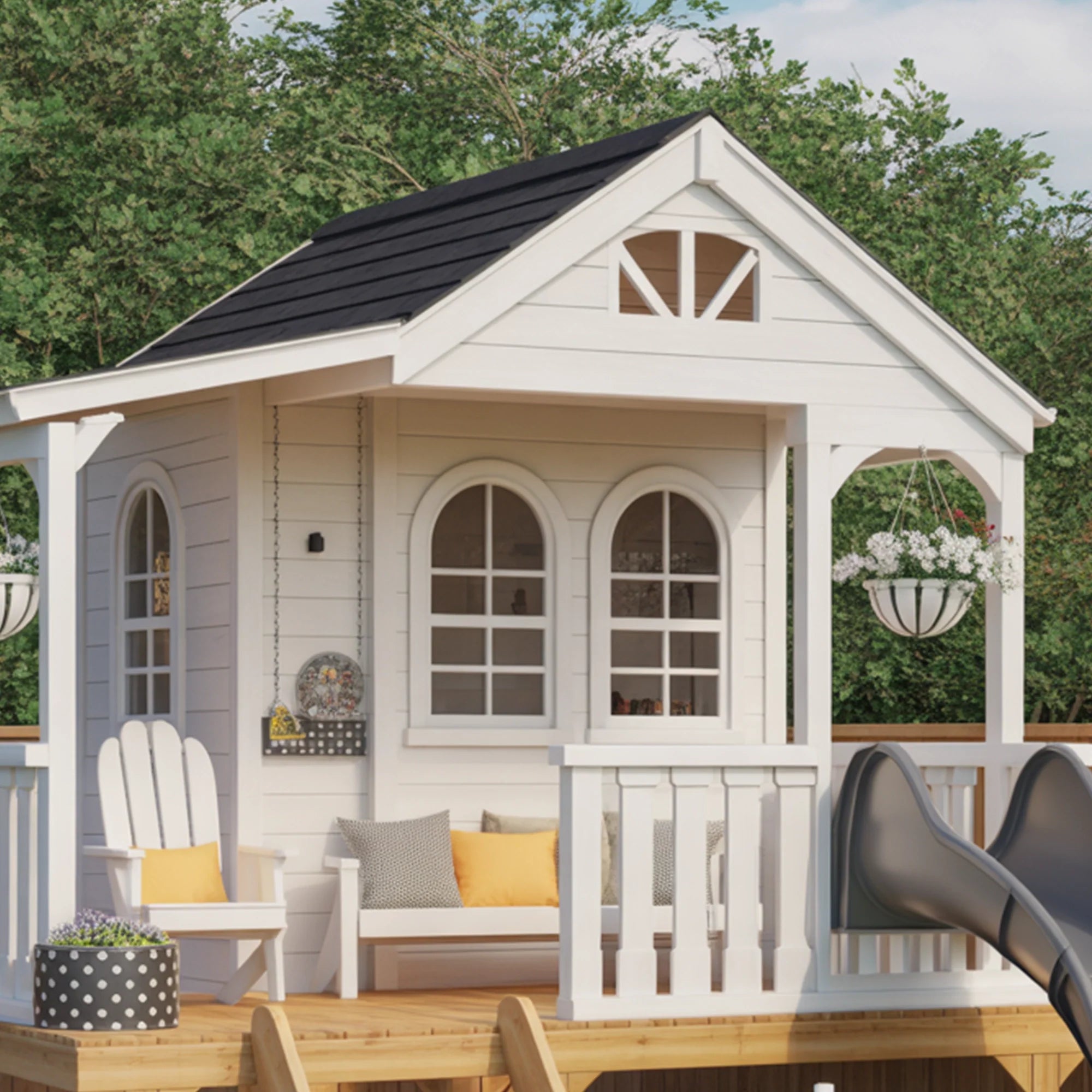 Wooden Playhouse with Slide & Swings | 22x12x9 ft Backyard Playground for Kids Outdoor Fun