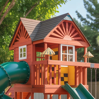 Wooden Playhouse with Spiral Slide, Straight Slide & Swings | Large Outdoor Playground for Kids