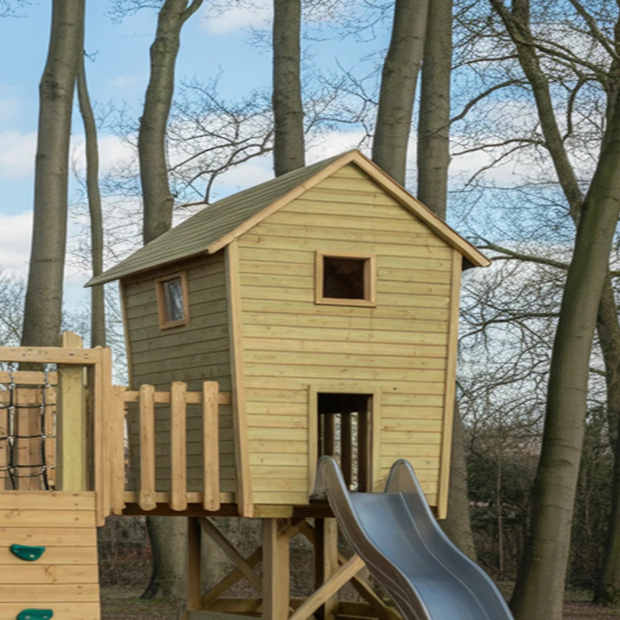 Wooden Playhouse with Dual Slides & Climbing Wall | 22x12x9 ft Backyard Playground