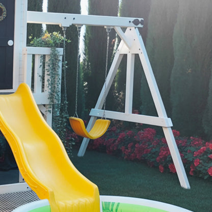 Wooden Playhouse with Tube & Wave Slide | 22x12x9 ft Backyard Playground with Swings & Sandbox