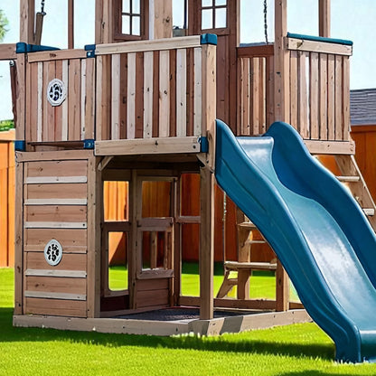 Outdoor Wooden Swingset with Spiral Tube Slide & Dual Swings