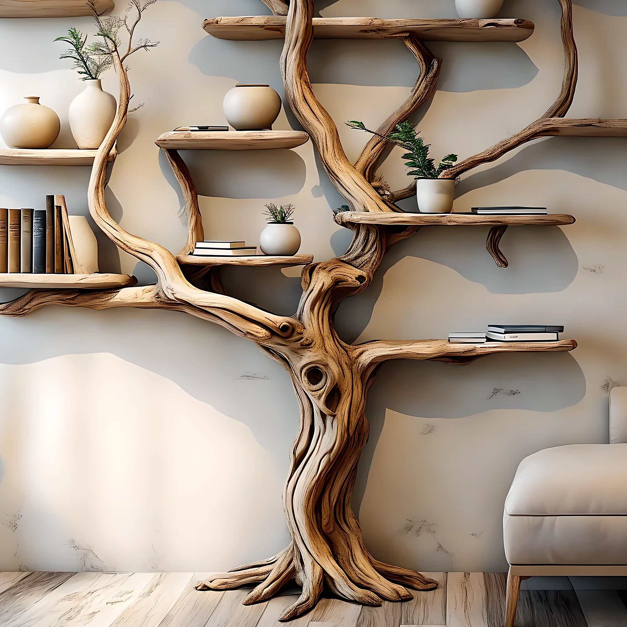 Handmade wooden tree branch bookshelf from solid natural wood, floating shelf, children's room decoration 