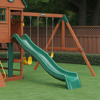 Deluxe Wooden Swingset with Dual Slides, Climbing Walls & Tube Slide – 25ft Backyard Playset