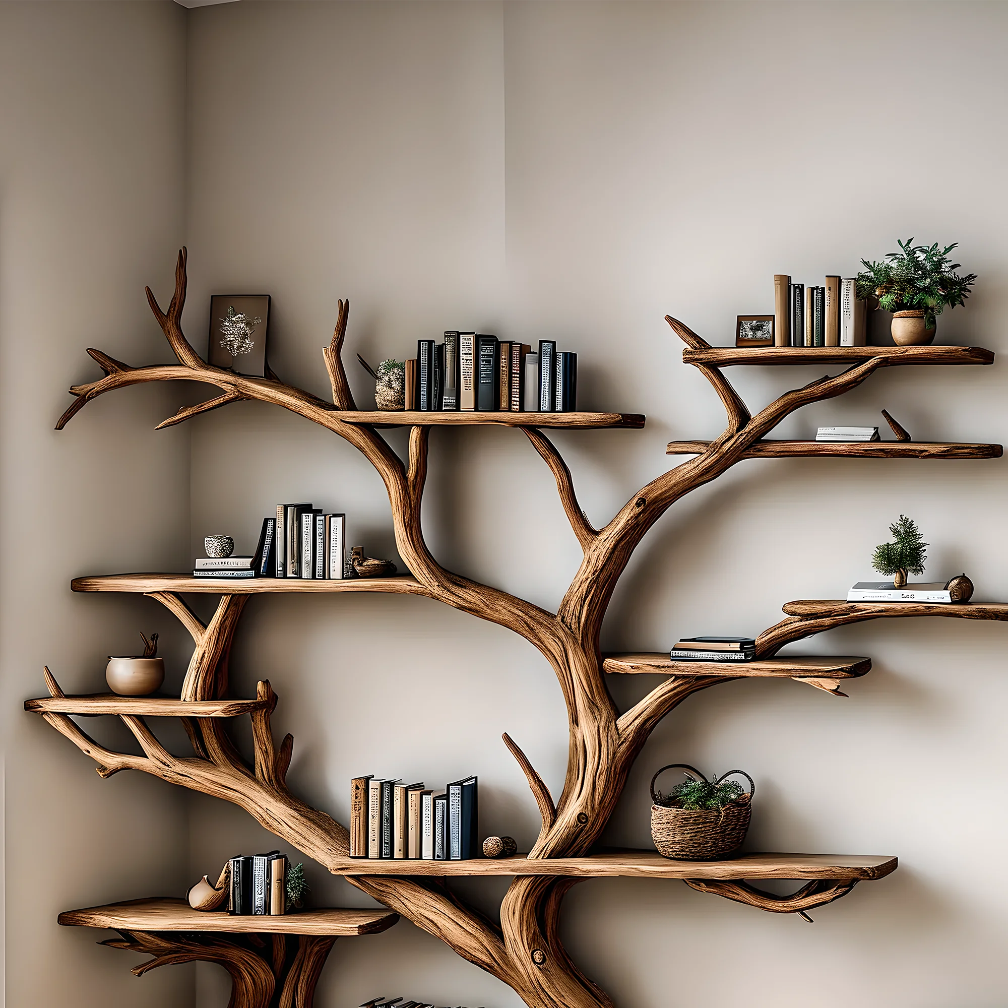 Handmade wooden bookshelf, Tree branch bookshelf, Living room decoration, Office decoration, Natural wood, Floating shelf 