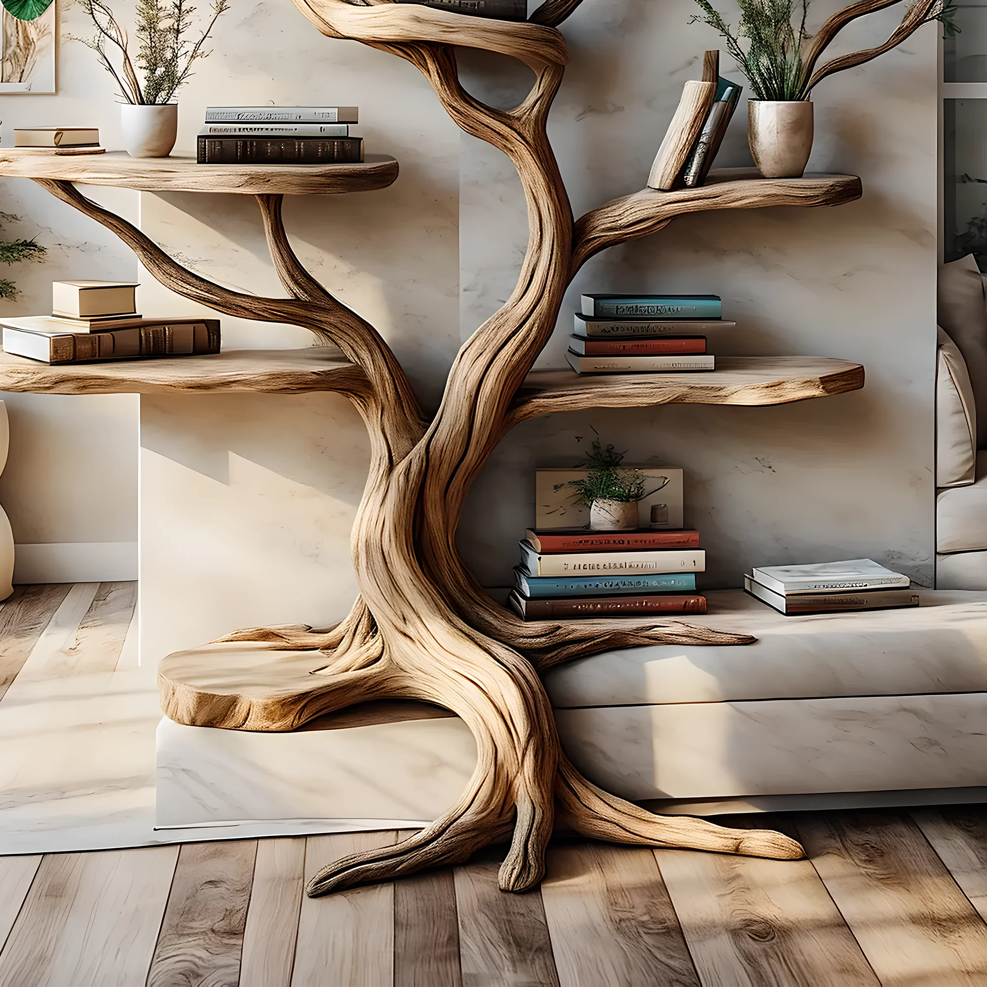 Decorative bookshelf, tree-shaped bookshelf, solid wood bookshelf, floating shelf, interior decoration 