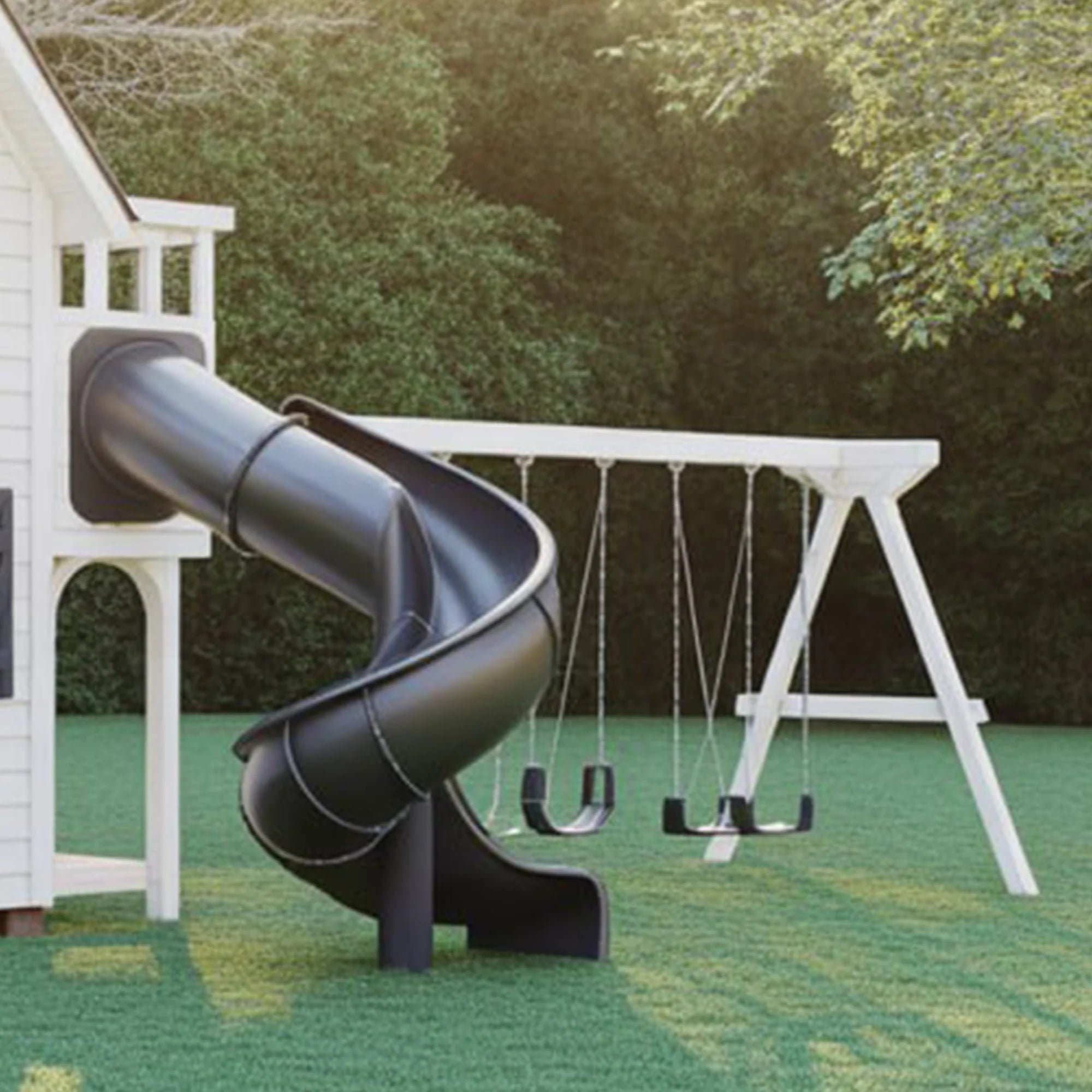 Luxury Two-Story Wooden Playhouse with Spiral Slide and Dual Swings – 22x10 ft Outdoor Activity Set
