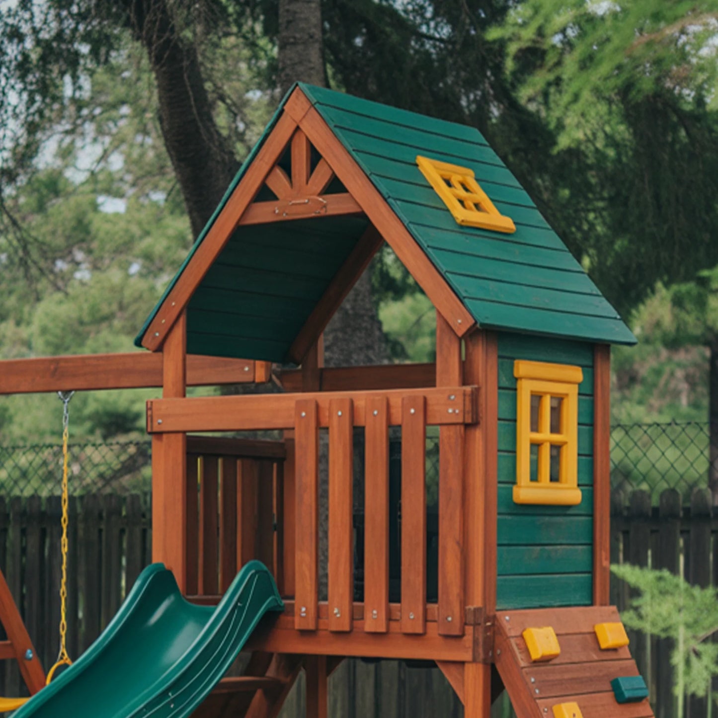 Wooden Playhouse with Slide & Swings | Compact Outdoor Playground for Kids Backyard Fun