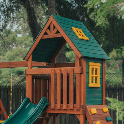 Wooden Playhouse with Slide & Swings | Compact Outdoor Playground for Kids Backyard Fun