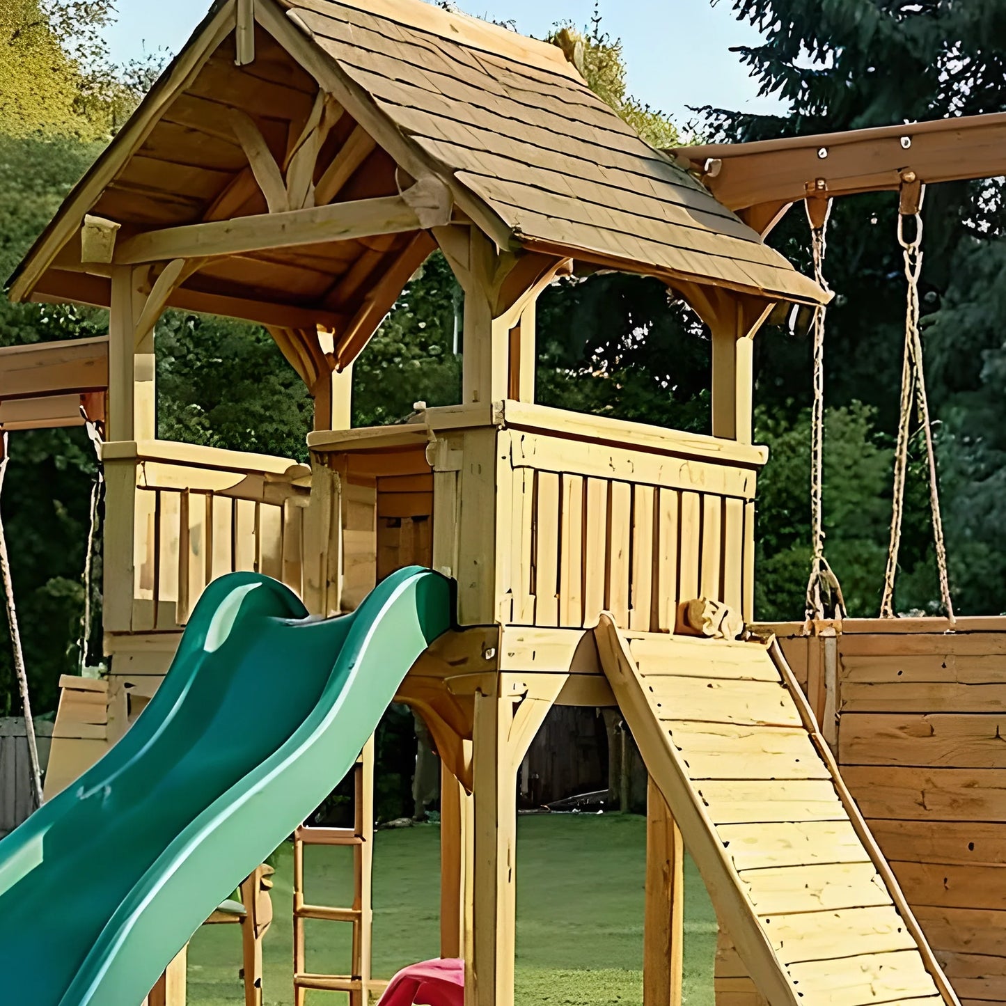 Outdoor Swing Set with Swings, Slides & Playhouse – Kids Wooden Playground