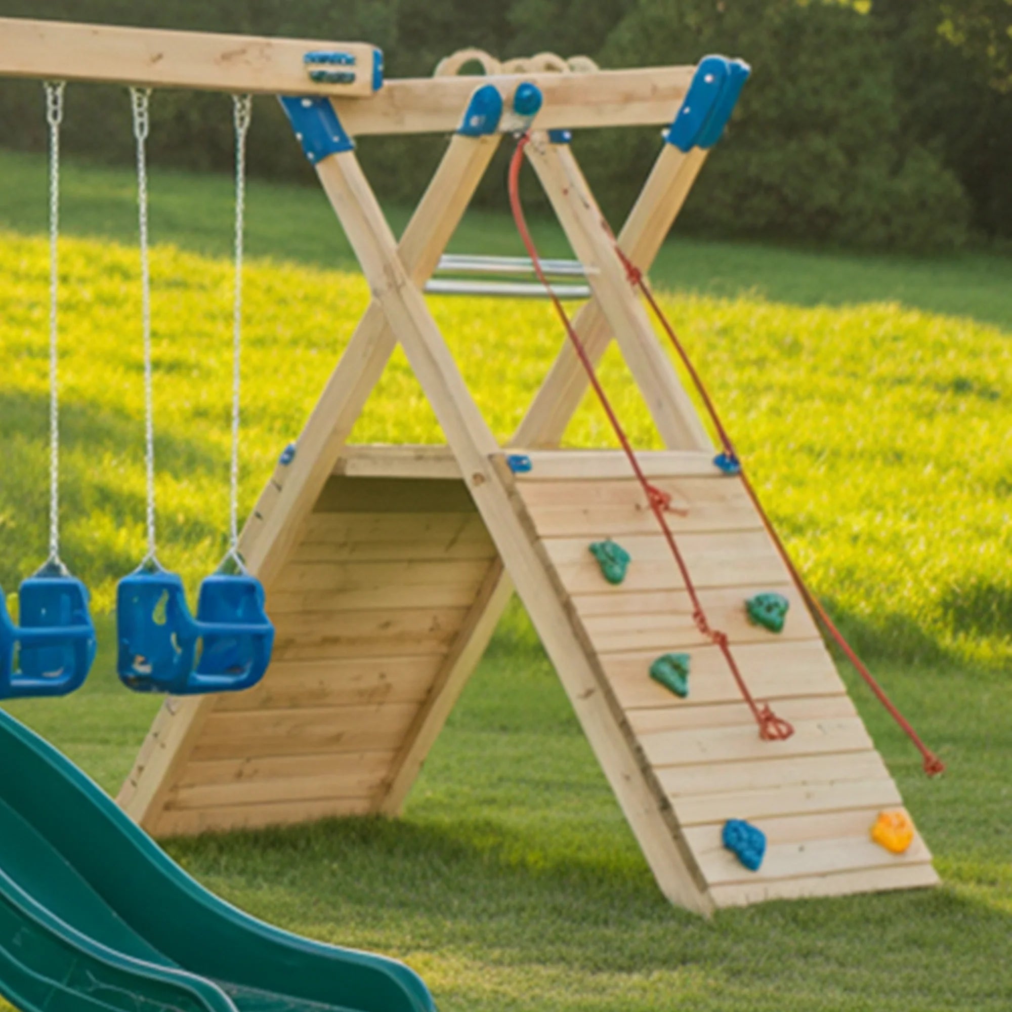 Wooden Outdoor Playhouse with Slide, Double Swings & Climbing Net – Backyard Adventure Set | 22x10x9 ft