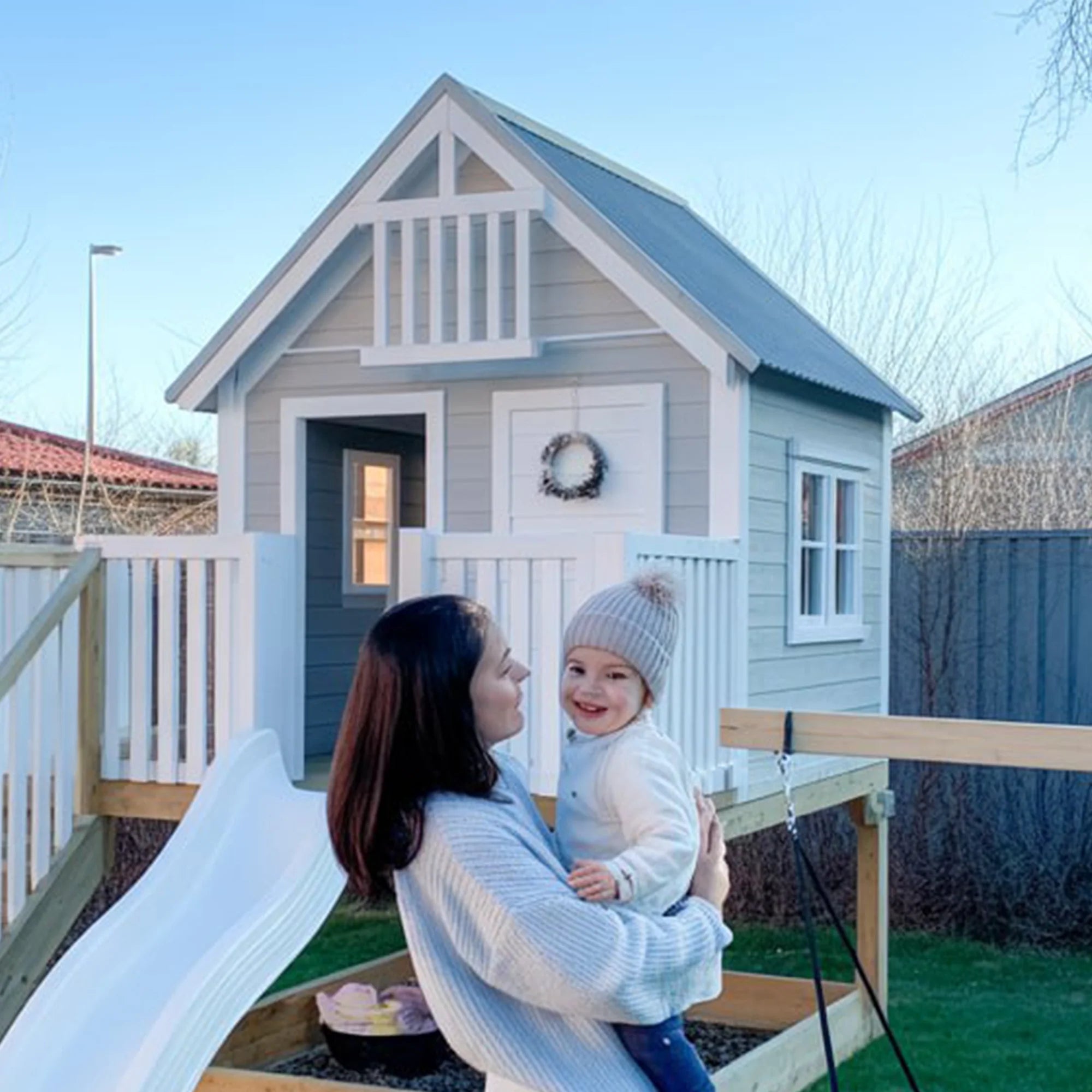 2-Story Wooden Playhouse with Double Slide & Nest Swing – 22ft | Backyard Playground