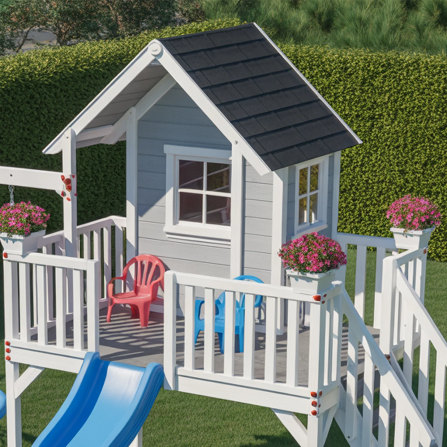 Wooden Playhouse with Slide & Nest Swing | 22x12x9 ft Backyard Playground for Kids