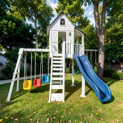 All-in-One Wooden Playset with Playhouse, Double Slides & Swings for Kids
