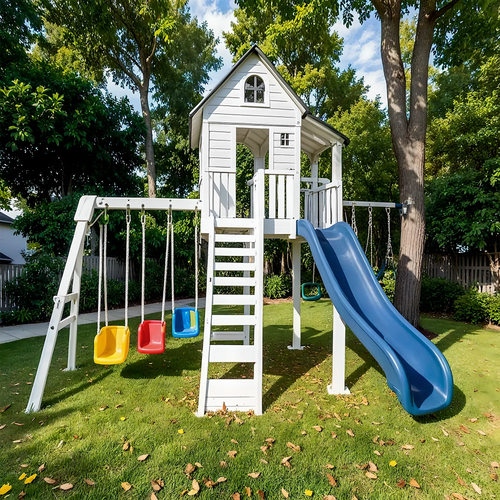 All-in-One Wooden Playset with Playhouse, Double Slides & Swings for Kids