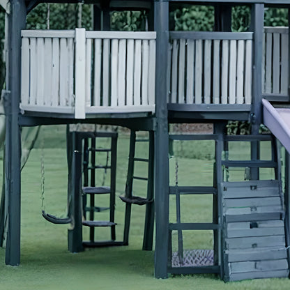 Safe Outdoor Playset for Kids – Wooden Playhouse, Climbing Ladder, Swings & Slides