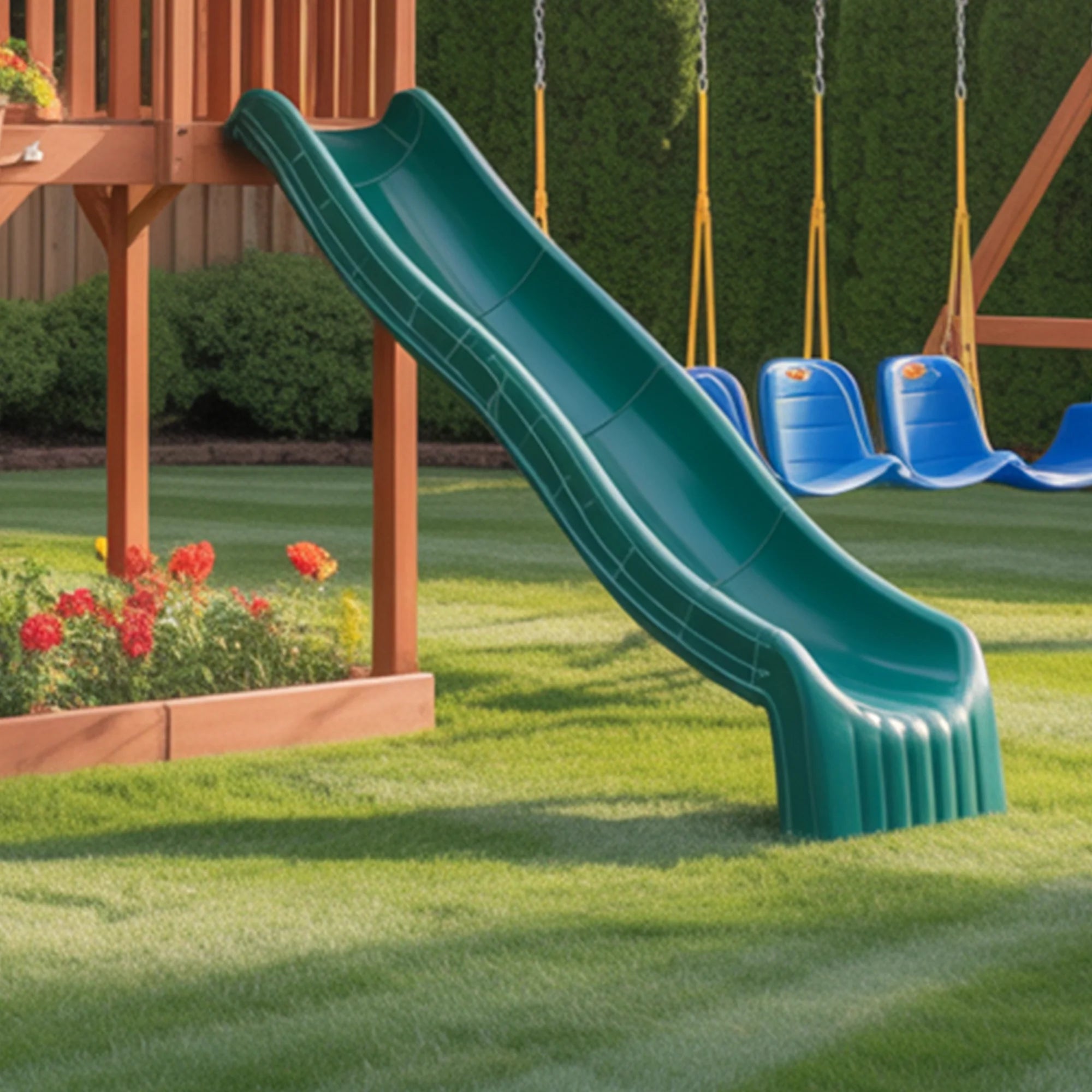 Deluxe Wooden Playhouse with Dual Slides, Spiral Tube Slide, Triple Swings & Garden Base – Outdoor Kids Activity Center | 24x10x9 ft