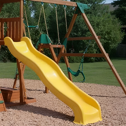 Premium Backyard Swingset with Playhouse, Slides & Rock Wall