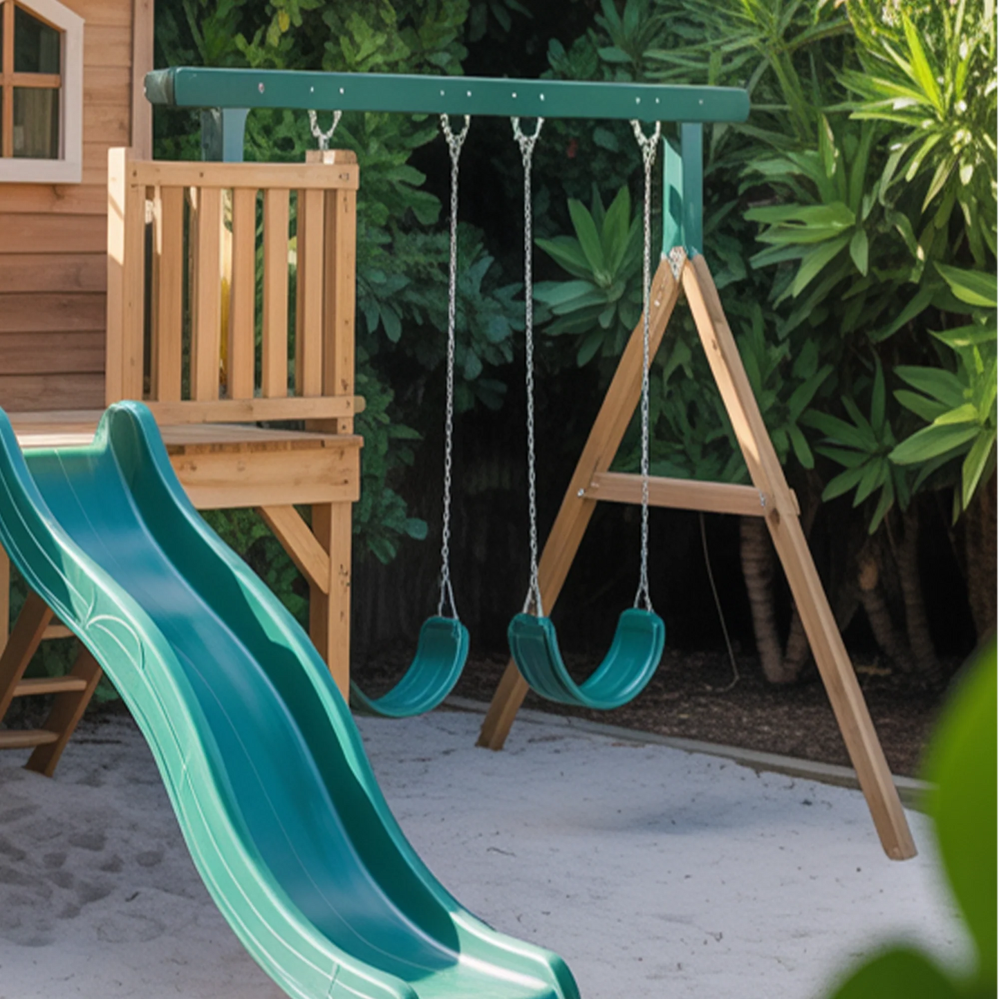 Wooden Outdoor Playhouse with Spiral & Straight Slides, Swings | Large 22x12x9 ft Kids Playground