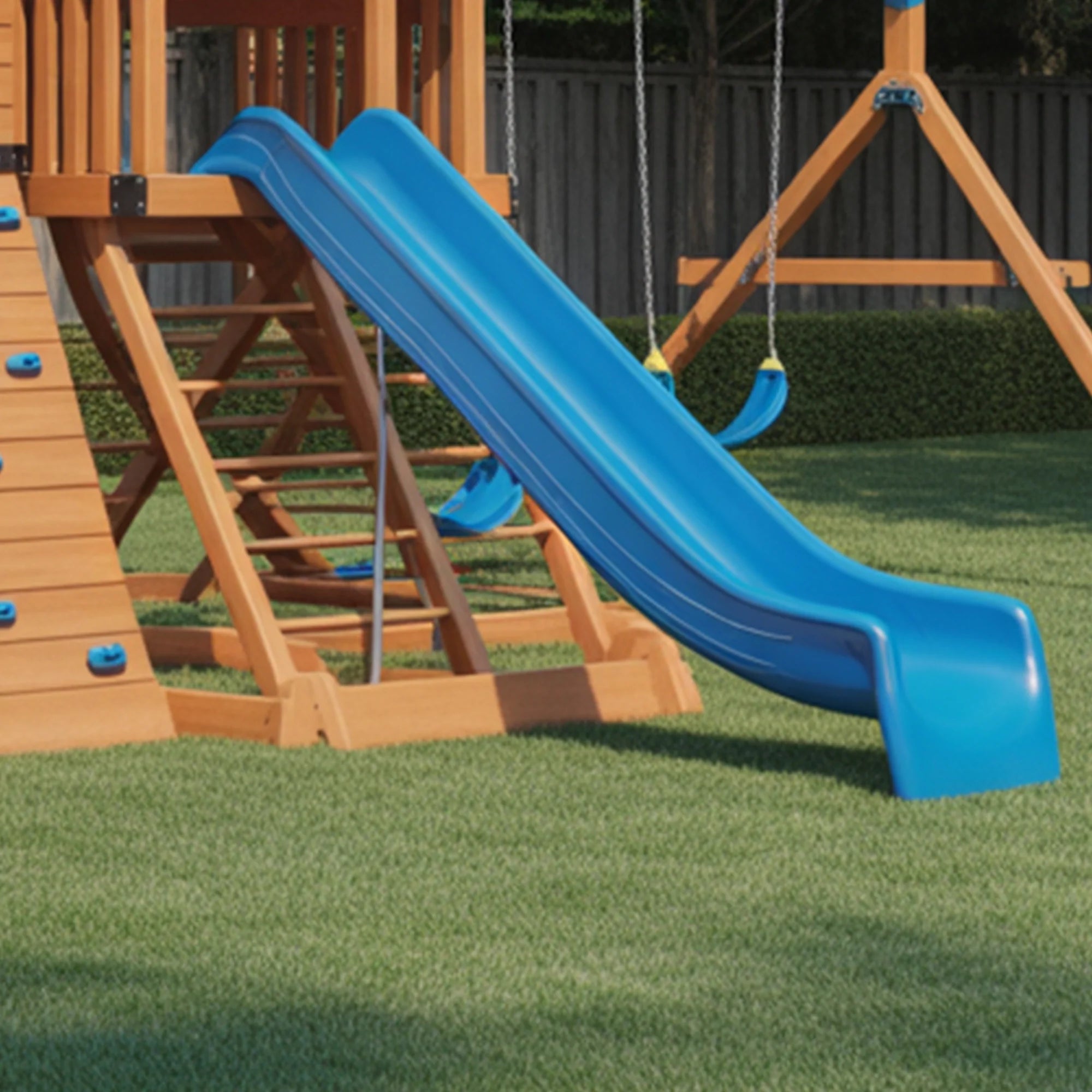 Wooden Outdoor Playhouse with Tube Slide, Straight Slide & Double Swings – Backyard Adventure Playset | 22x10x9 ft