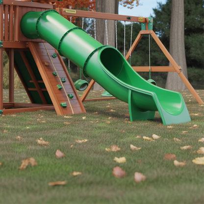 Wooden Swingset with Tube Slide, Double Swings & Climbing Wall – Kids Outdoor Playground