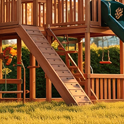 Backyard Swing Set with Rope Swing, Climbing Wall & Wooden Playhouse – Durable Outdoor Fun