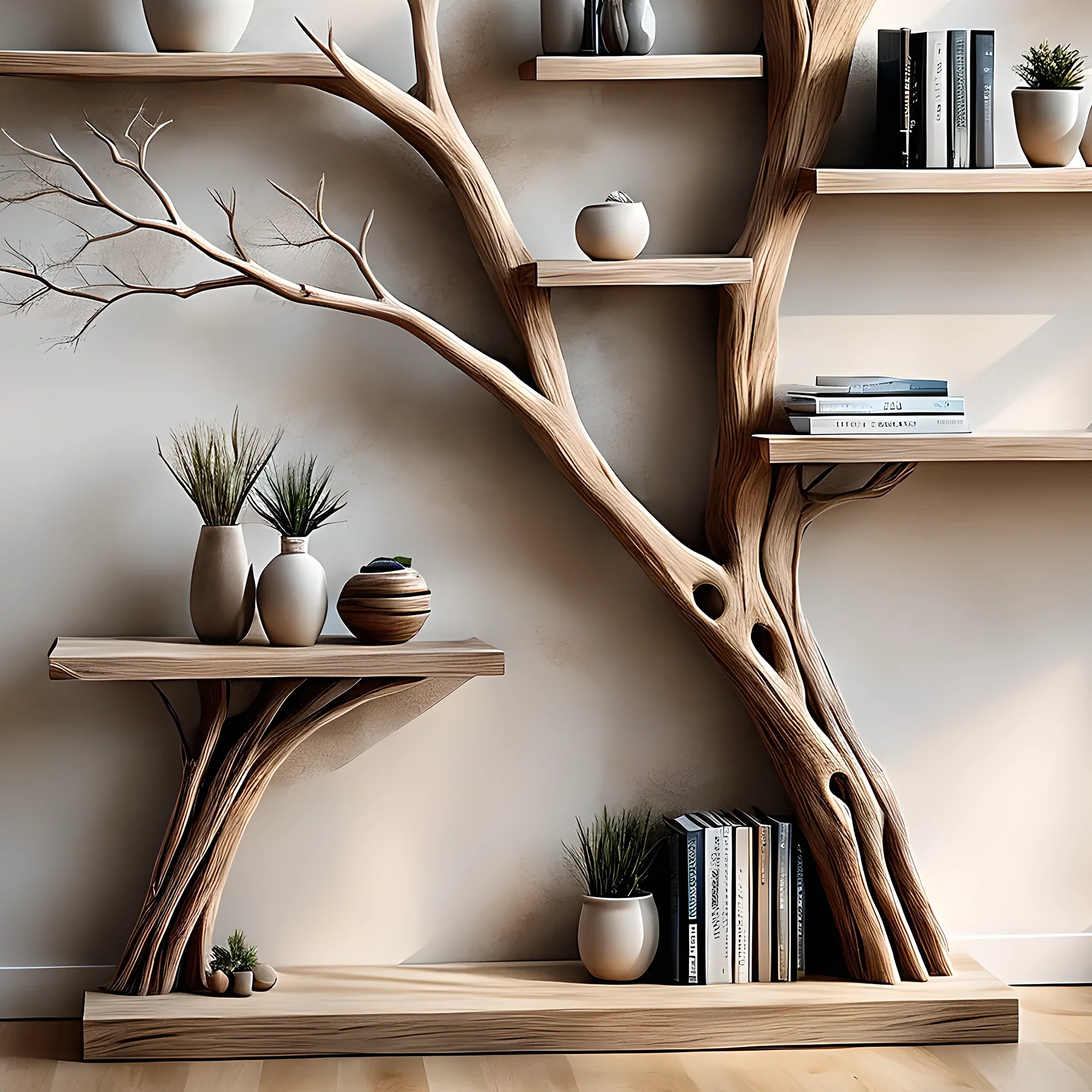 Tree-shaped bookshelf with side table, floating shelf, decorative shelf, children's bookshelf displaying souvenirs 