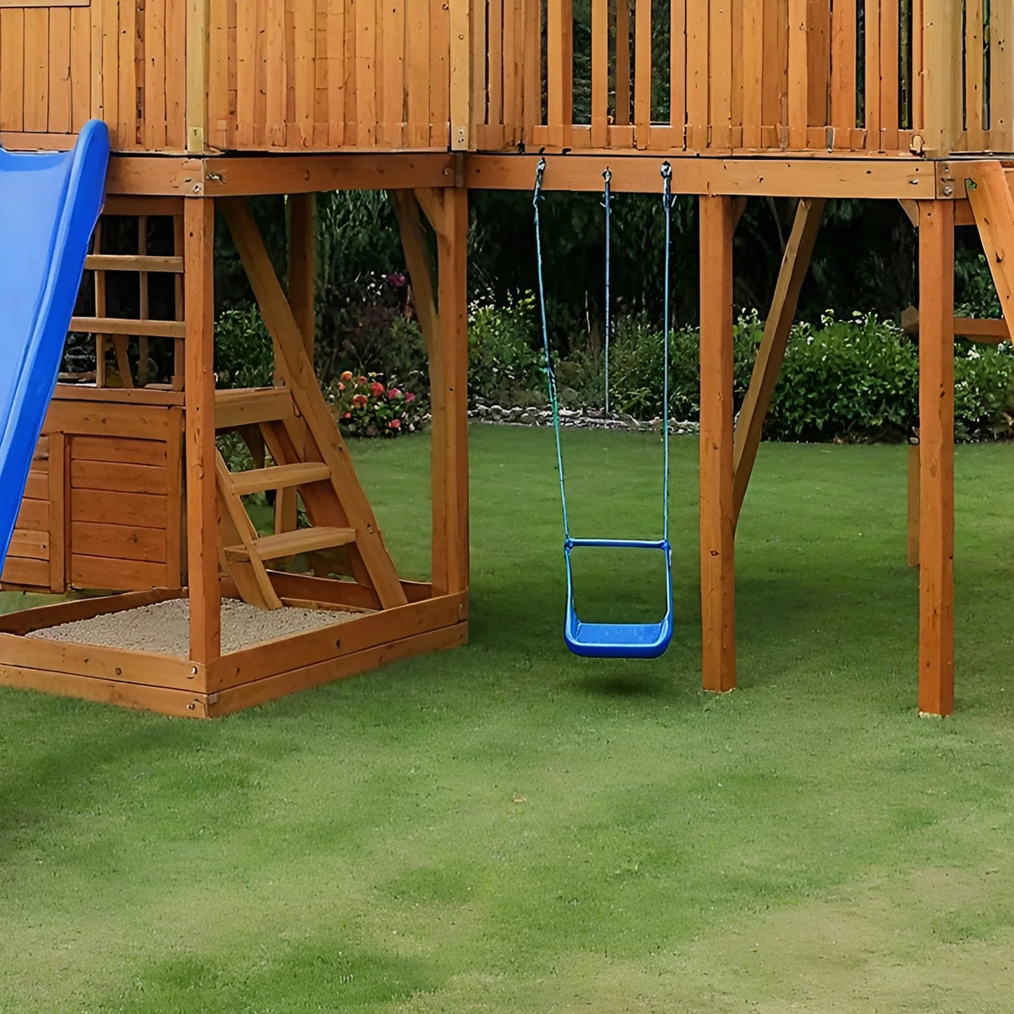 Luxury Wooden Swingset with Double Slides, Rope Ladder & Swings
