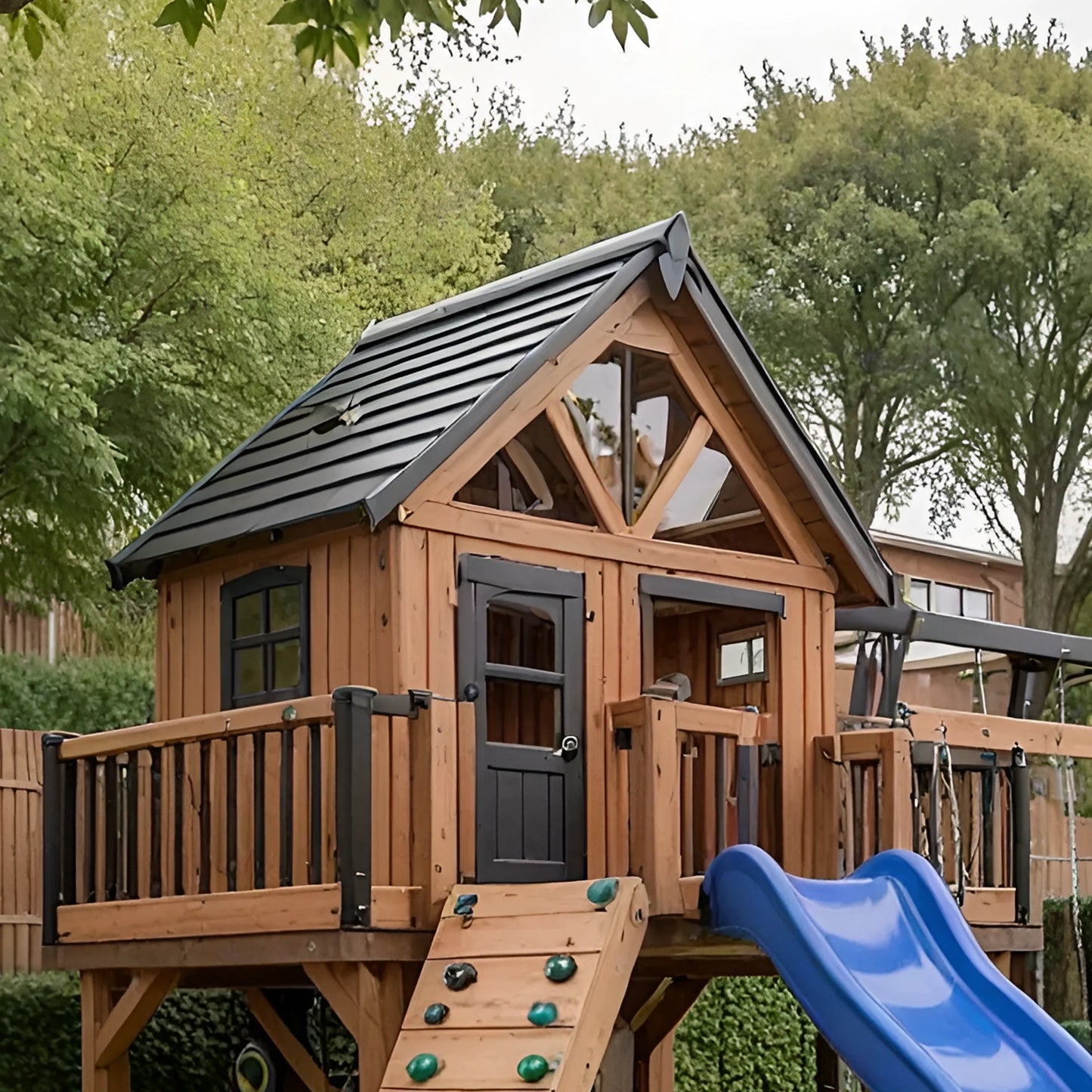Wooden Swing Set with Slide, Rock Wall & Playhouse – Outdoor Kids Playground (199 in Tall, 137 in Wide)