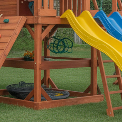 Wooden Swingset with Double Slides, Swings & Climbing Wall – Kids Outdoor Playground