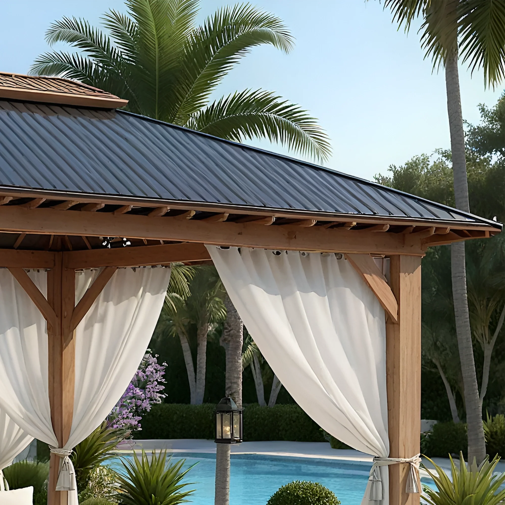 12x12 Wooden Outdoor Gazebo with Curtains & Metal Roof | Garden Pavilion for Patio, Poolside & Backyard