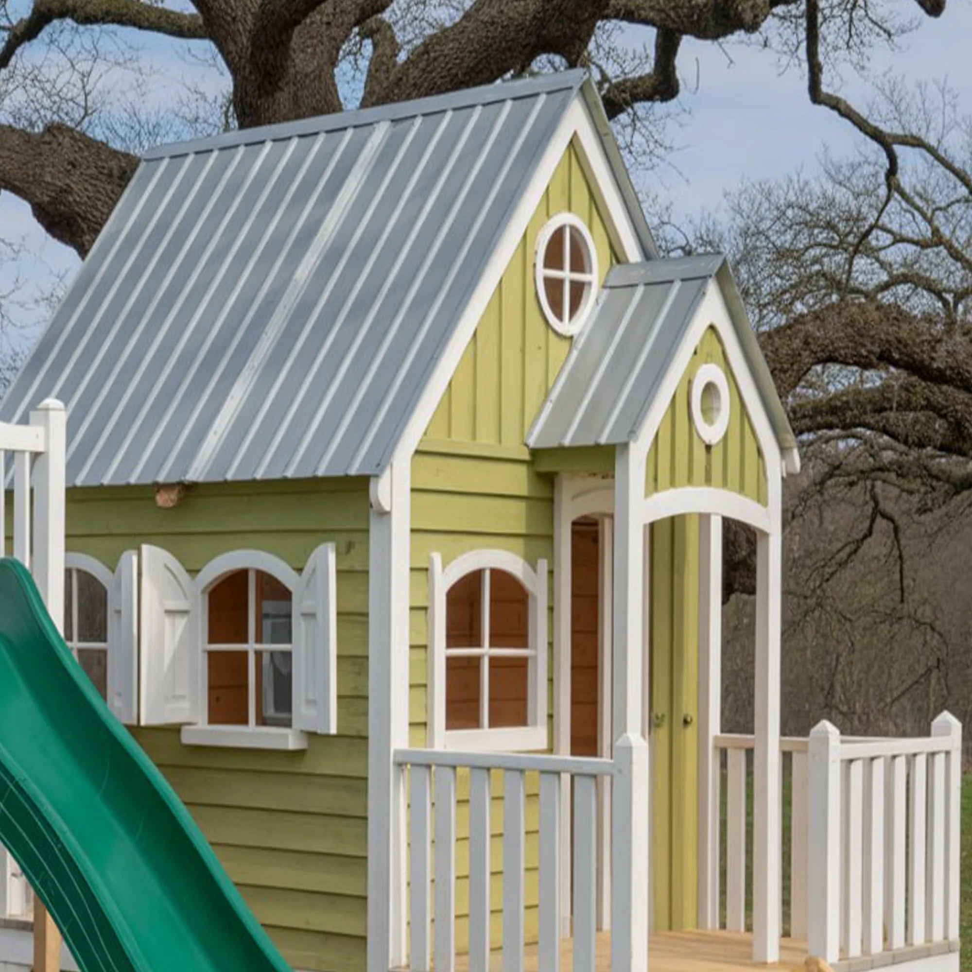Luxury Wooden Playhouse with Slide & Swing Set – Outdoor Kids Play Structure 22x22 ft, 9 ft Height
