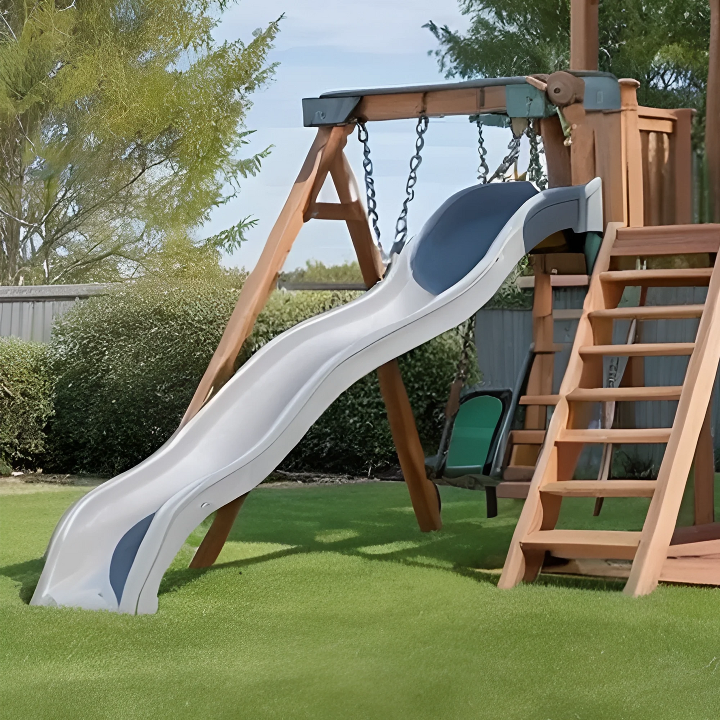 Outdoor Wooden Playhouse with Slide & Swings – Fun Backyard Playground for Kids