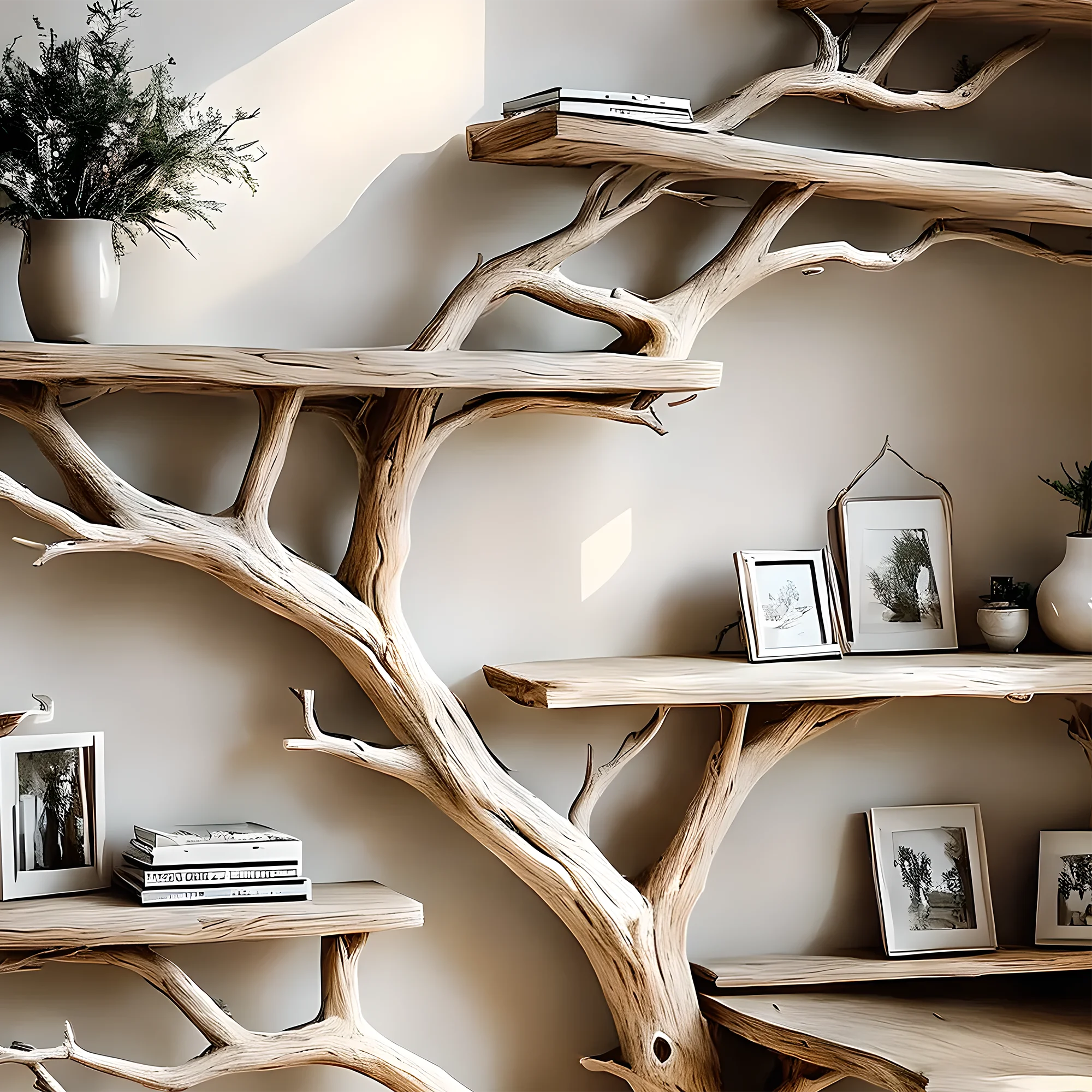 Tree-studded bookshelf, corner shelf living next to solid wood bookshelf on decorative wall 