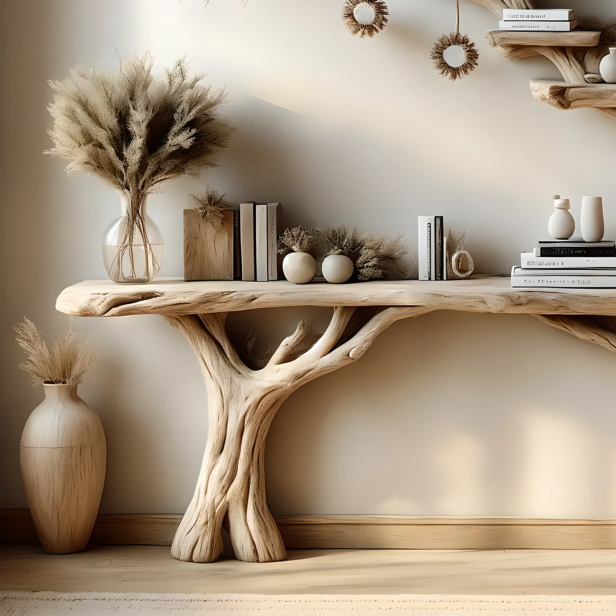 Narrow table with twig bookshelf, Entrance living edge table, Farm table rustic handmade console table natural wood 