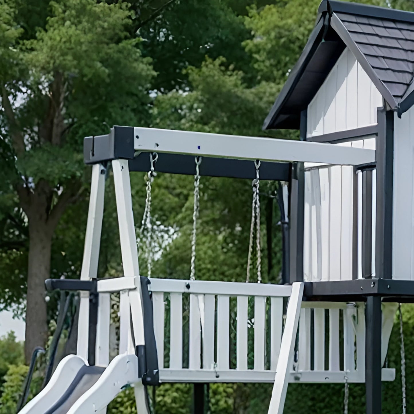 Outdoor Playhouse with Double Slides, Swings & Climbing Wall – Wooden Playground Set