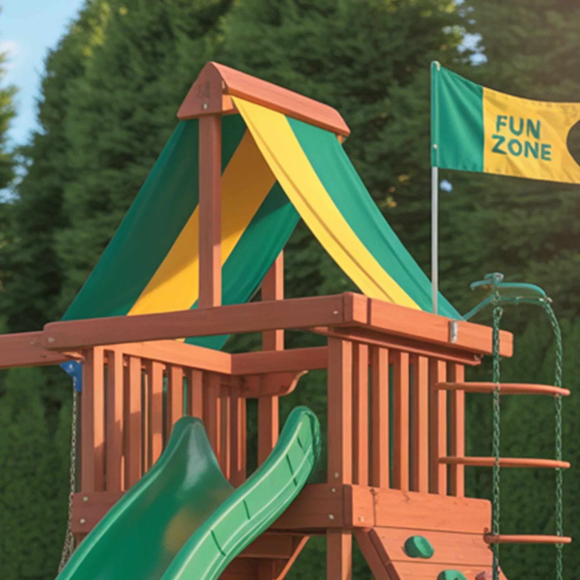 Outdoor Wooden Playset with Double Swings, Green Wave Slide & Climbing Wall | 22ft x 10ft x 9ft Backyard Adventure Set