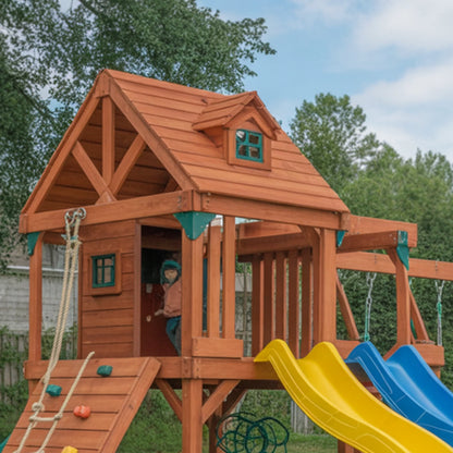 Wooden Swingset with Double Slides, Swings & Climbing Wall – Kids Outdoor Playground