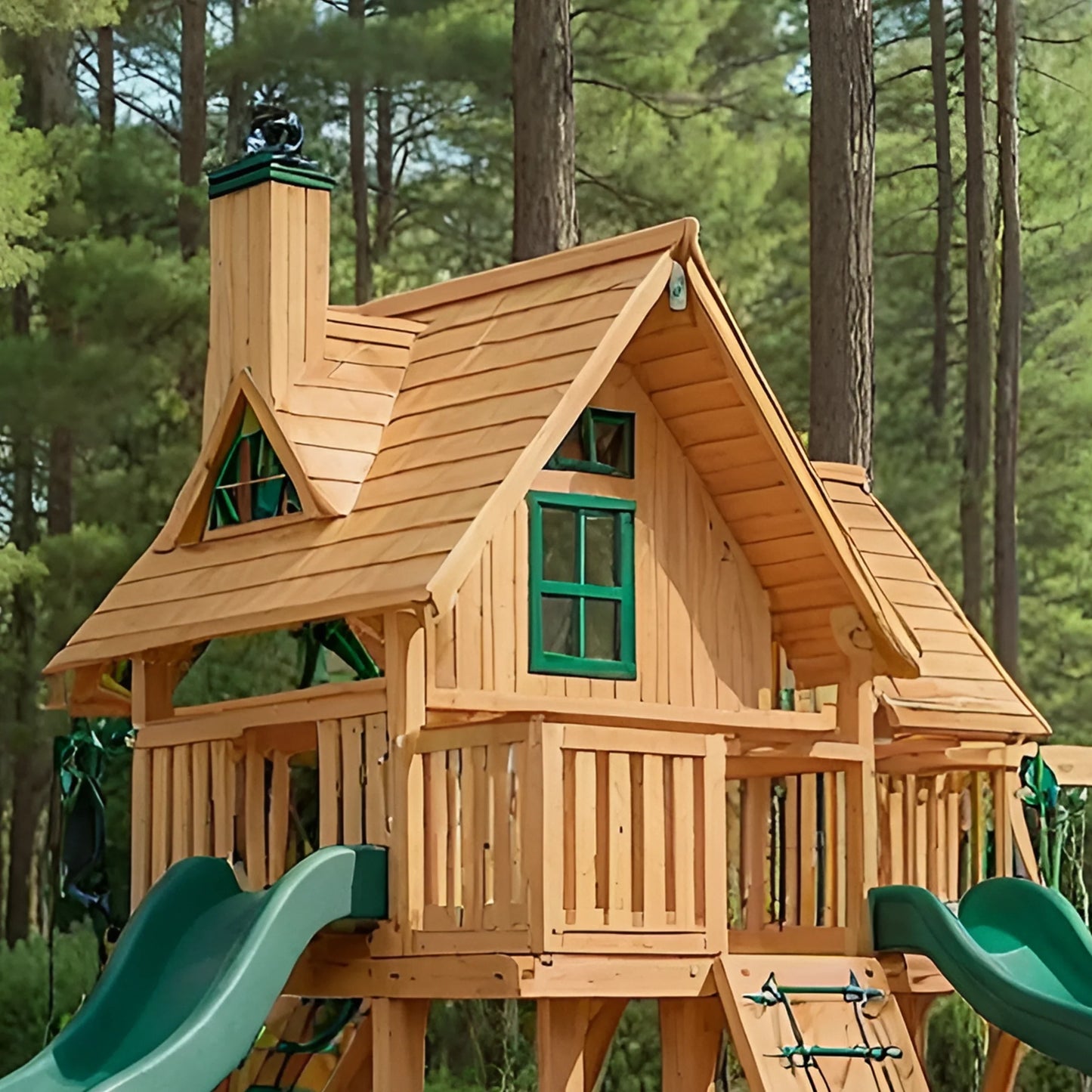 Large Wooden Swing Set with Dual Slides & Playhouse – Backyard Outdoor Playground (22 ft)