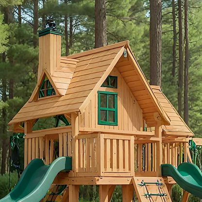 Large Wooden Swing Set with Dual Slides & Playhouse – Backyard Outdoor Playground (22 ft)