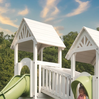 Twin Tower Wooden Playhouse with Slides & Bridge | Outdoor Kids Playground for Backyard Adventure